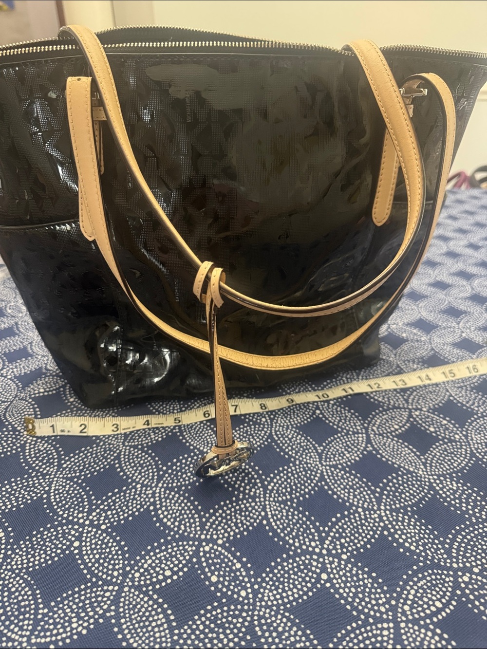 Black Michael Kors Patent Tote Bag with Tan Trim